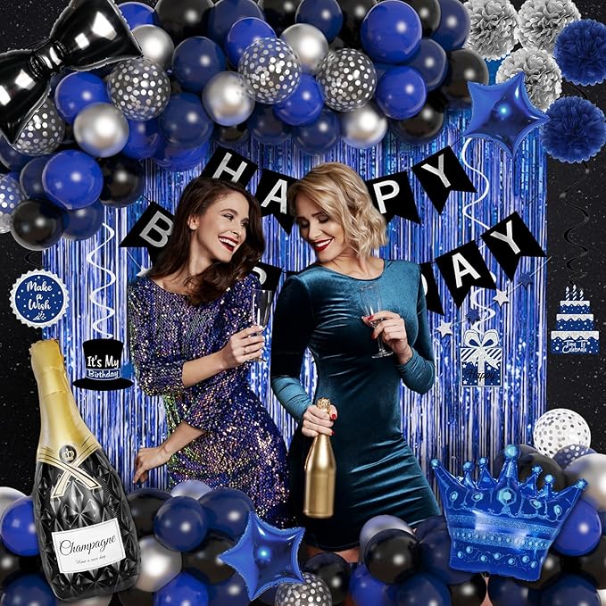 Ouddy Life 91Pcs Blue and Black Happy Birthday Decorations for Men with Happy Birthday Banner Confetti Foil Balloons Fringe Curtain Hanging Swirl for 21st, 25th, 27th 40th Birthday Party Supplies