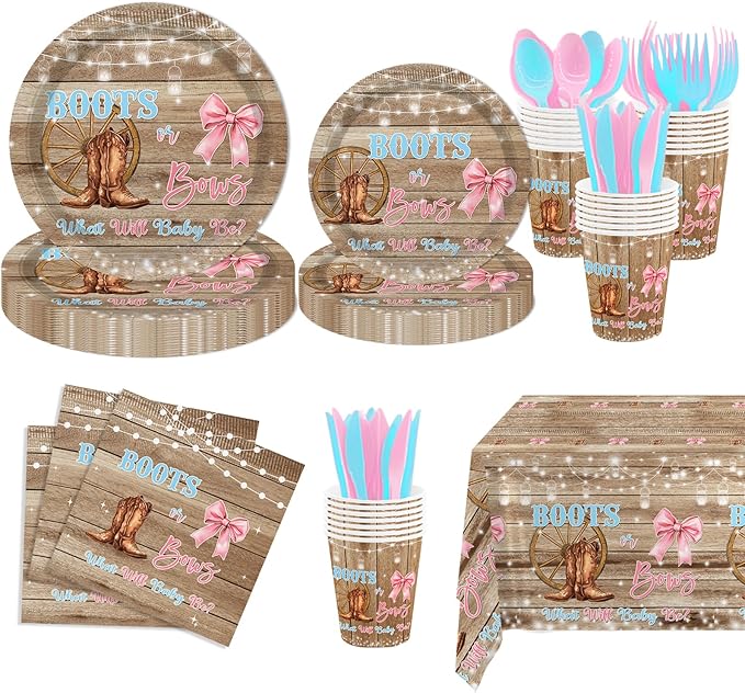MEHOFOND Boots Or Bows Gender Reveal Decorations, Pink or Blue Party Supplies Rustic Wood Disposable Tableware Set 169Pcs Plates Napkins Plastic Tablecloth for Western Cowgirl Gender Reveal