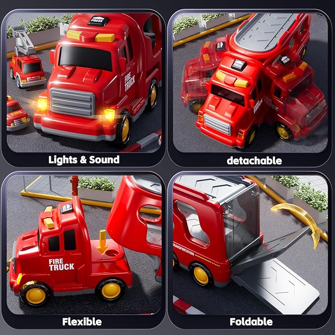 Fire Truck Toys for Toddler 1-3 3-5, Transport Car with Light Sound, 7-in-1 Fire Car Carrier Vehicle Set for Girls 1 2 3 4 5 6 Years Old, Birthdays Gifts for Kids Girls Aged 3-9