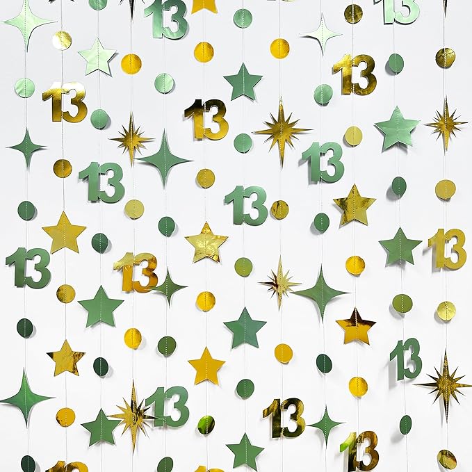 Sage Green Gold 13th Birthday Decorations Number 13 Circle Dot Twinkle Star Garland Glitter Hanging Streamer Banner Backdrop Girls Boys Cheers to 13 Years Old Birthday Official Teenager Party Supplies