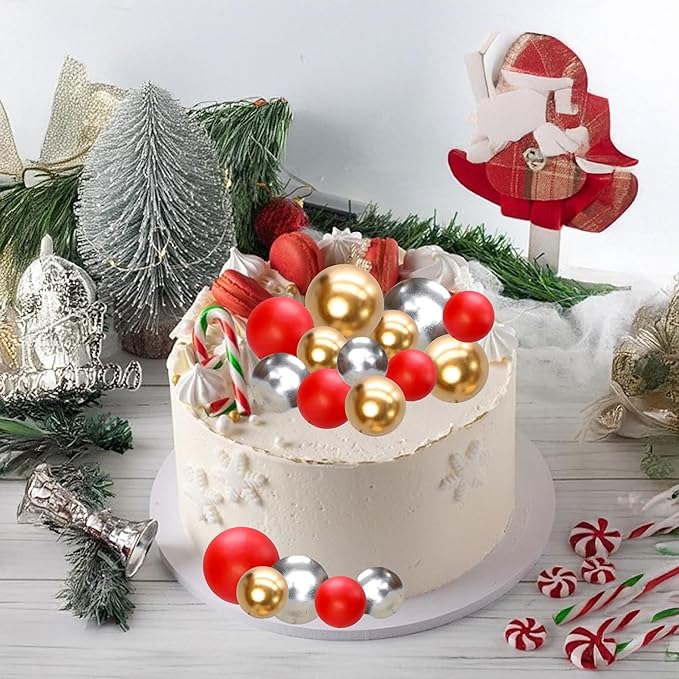 Gyufise 30Pcs Christmas Mini Balloon Cake Topper Foam Ball Cake Picks Cupcake Faux Pearl Balls DIY Cake Insert Topper Decoration for Christmas Graduation Birthday Party Red Gold Silver