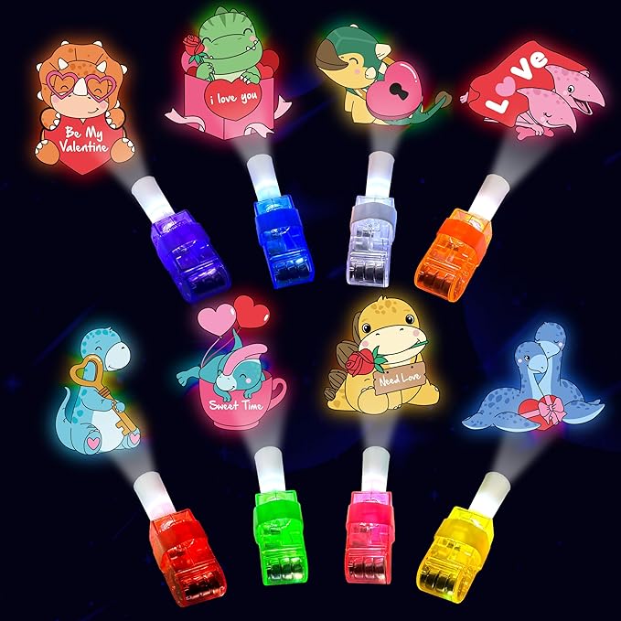 24 Pack Valentines Day Gift for Kids Boys Girls, Dinosaur LED Finger Lights with Cards, Glow in the Dark Toys, Classroom Exchange Prize, Goodie Bag Stuffers, Dino Valentine Party Favors
