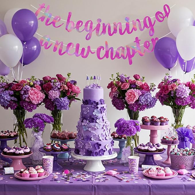 BEISHIDA Double-Sided Rainbow Purple The Beginning of A New Chapter Banner,Farewell Book Themed Housewarming Party Congratulations Decorations,Going away party Retirement Garland,Graduation Sign 2026 Banner