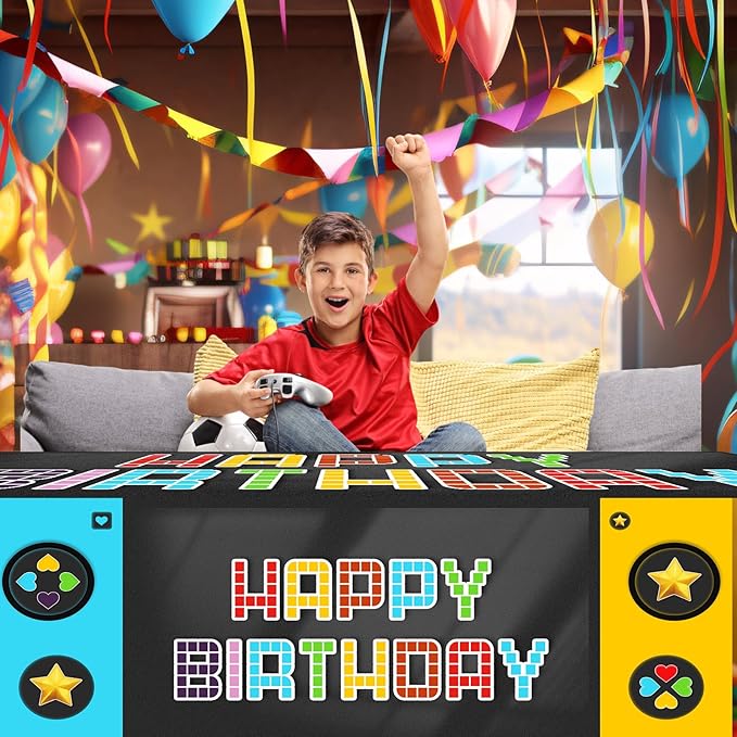 Oudain 6 ft Video Game Theme Tablecloth Birthday Party Supplies Game Party Decoration Tablecloth 72 x 30'' Retro Table Cover Washable Fabric Polyester Rectangle Table Cover