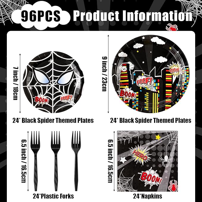 Black Spider Birthday Party Supplies - 96PCS Black Spider Birthday Party Plates and Napkins Forks Disposable Tableware Birthday Parties Table Dinnerware Baby Shower Plates Serve 24 Guests