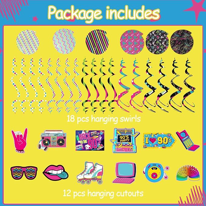 90s Theme Party Decorations Throwback 90's Party Colorful 1990s Hip Hop Birthday Party Hanging Swirls Ceiling Decor for Adults Back to The 90s Party Supplies