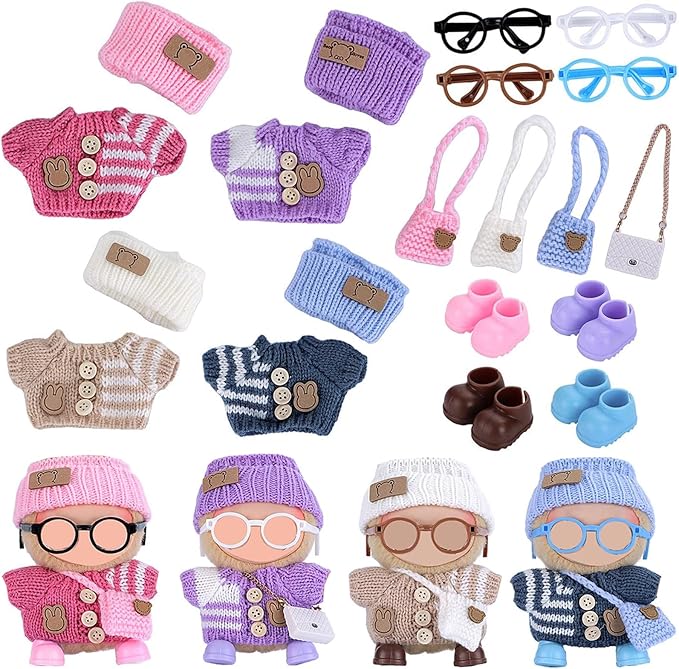 Knitting Outfit Set for 17cm Dolls, 4 Cozy Sweaters with Hats, Shoes, Glasses Bags, 6.7-Inch Doll Accessories, Gift Idea, (No Dolls)