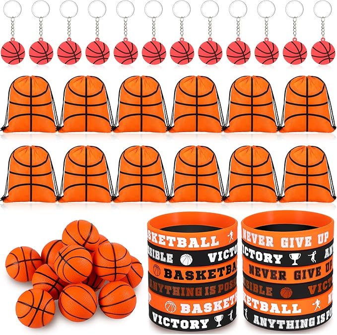LEIFIDE 48 Pcs Basketball Party Favors 12 Sets Silicone Bracelet Drawstring Treat Bag Mini Stress Ball Keychains for Basketball Birthday Party Supplies