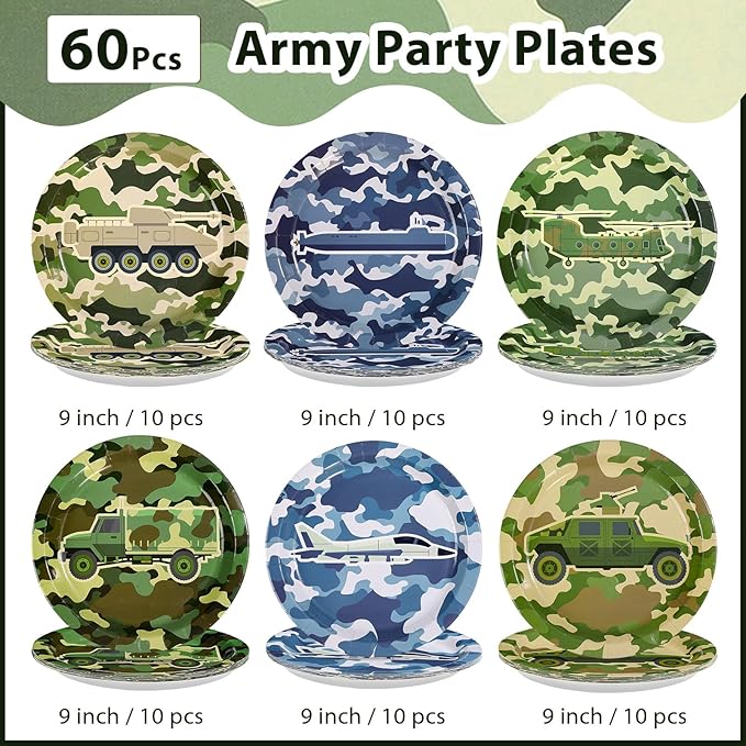 60Pcs Camo Army Party Paper Plates 9 Inch Disposable Heavy Duty Camo Military Birthday Dessert Plates Camouflage Military Decorations Favors for Boys Men Army Soldier Hunting Birthday Party Supplies