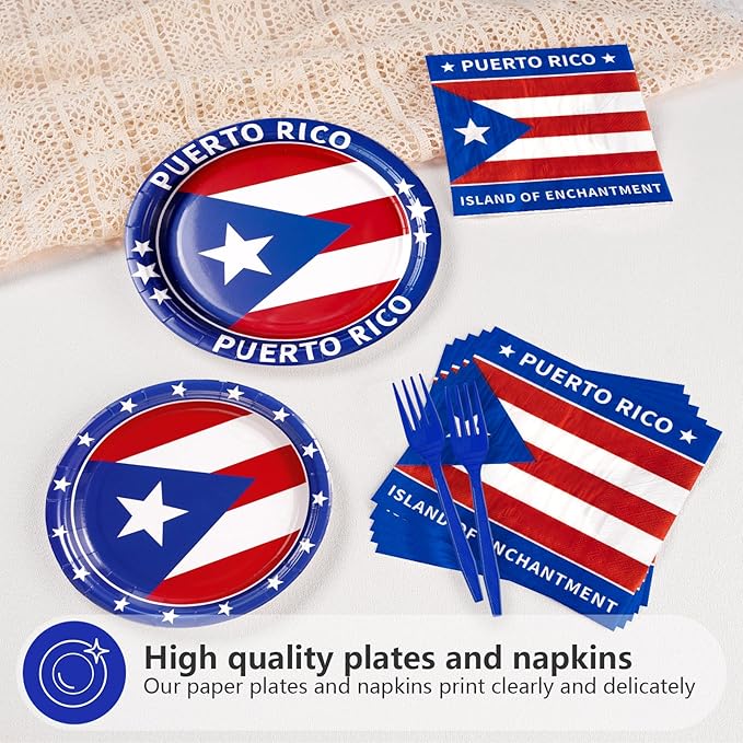 96Pcs Puerto Rico Flag Party Supplies Puerto Rico Flag Plates Disposable Red White Blue Paper Tableware Set for Rican Fiesta Birthday Party National Day Cultural Celebrations, Serves 24