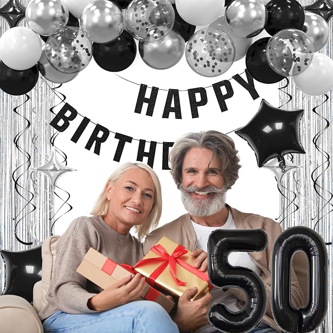 50th Birthday Decorations for Men Women- Black Silver Happy 50th Birthday Party Decor With Banner Backdrop,Number 50 Foil Balloon -Black White Balloons Garland Arch Kit for 50 Years Old Anniversary