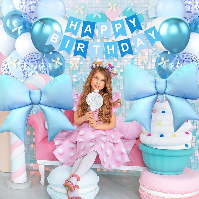 Blue Bow Birthday Decorations, Blue Happy Birthday Banner with Satin Ribbon Mini Bows Decor, White and Clear Balloons and Bow Foil Balloon for Girls Birthday Bows Theme Party Supplies