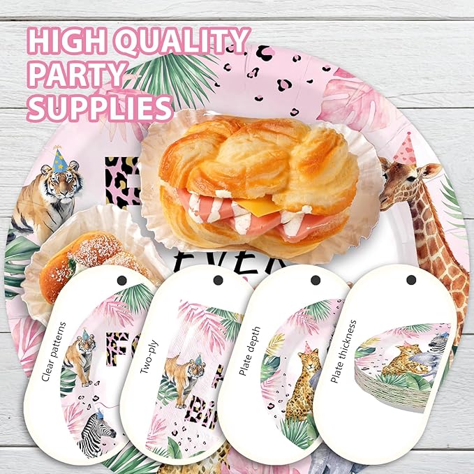 96Pcs Four Ever Wild Birthday Decorations Safari Animal Theme 4th Plates and Napkins Safari Animal Jungle Disposable Paper Tableware Set for Girls 4 Year Old Birthday Party Supplies Serves 24