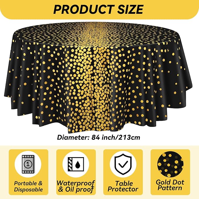VitalCozy Round Dot Tablecloth 84 Inch Plastic Table Cover Polka Dot Confetti Tablecloths for Easter 2026 Graduation Prom Wedding Birthday Spring Party Supplies(Black and Gold,3 Pcs)