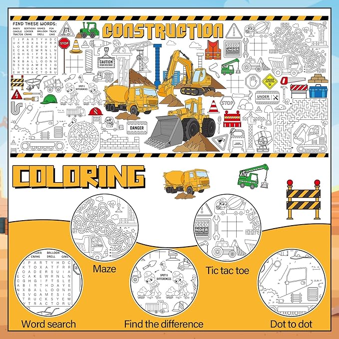 Construction Giant Coloring Poster for Kids Large Coloring Tablecloth Big Paper Sheets Page Dump Truck Table Cloth DIY Activity Game Art Crafts Mat Wall Home Classroom Party Decoration Supplies