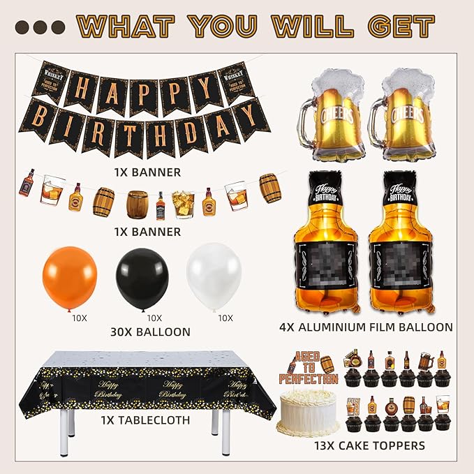 Whiskey Birthday Party Decorations for Men Aged to Perfection Party Supplies Include Birthday Banner Whiskey Garland Tablecloth Cake Toppers Foil Balloons for Whiskey Party Decorations for Dad Daddy