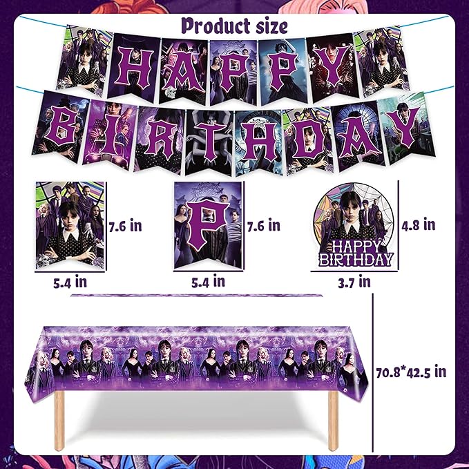 Wednesday Inspire Birthday Party Decorations, Wednesday Inspire Party Supplies Include Banner, Foil Balloons, Latex Balloons, Tablecloth, Cake Toppers