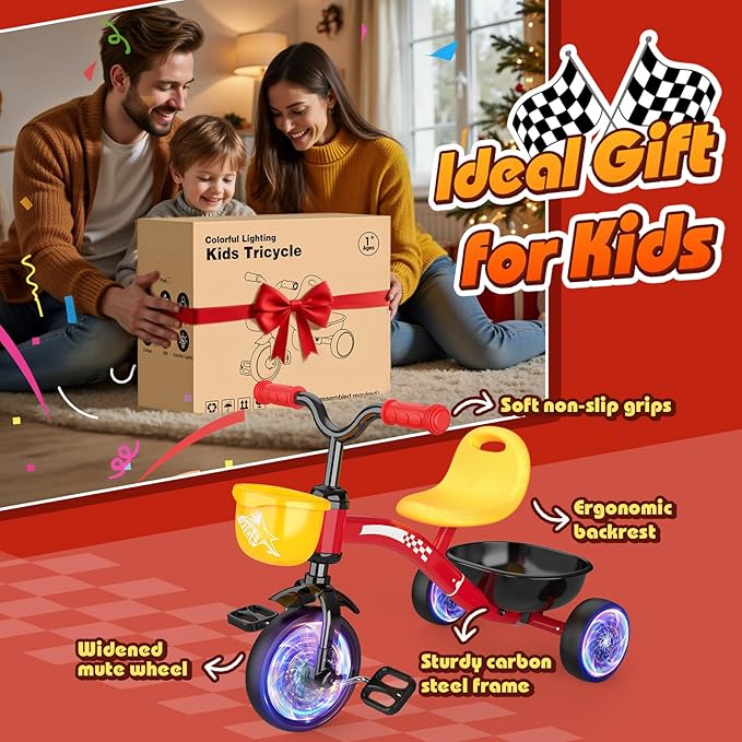 Toddler Tricycle for 1-3 3-5 Year Olds, 2 3 4 5 Year Old Boys Girls Birthday Gifts, Toddler Baby Bike, Outdoor Toys for Ages 2-4, 4-Level Adjustable Seat, 3 Colorful Lighting Wheels, 2 Baskets