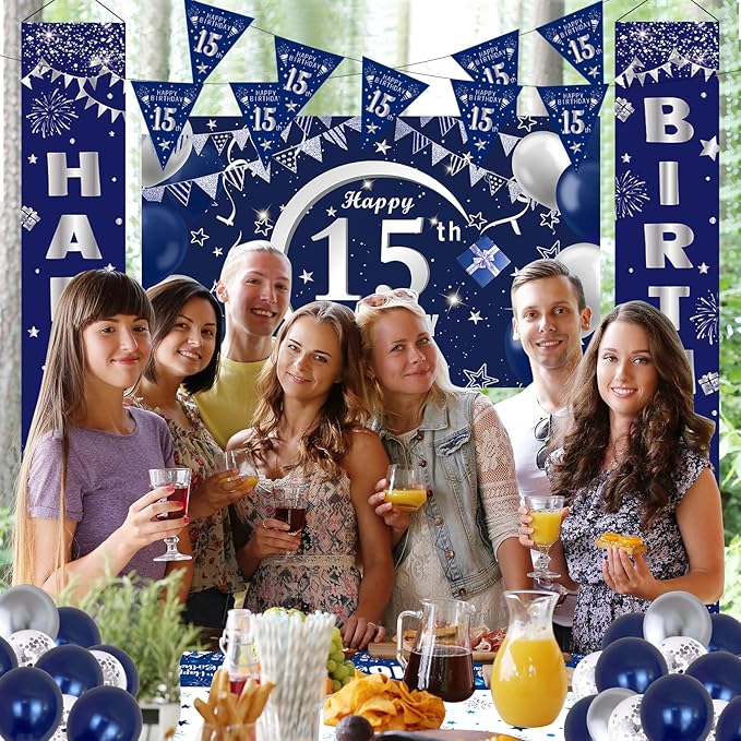 Blue 15th Birthday Decorations - Door Banner, Balloons, Porch Sign & Latex Balloons for Boys & Girls 15th Bday Party Supplies