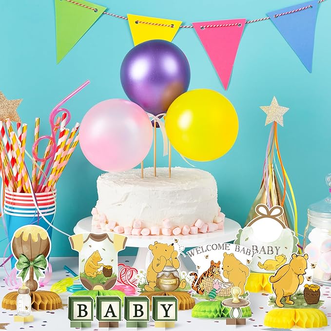 Cute Winnie Honeycomb Centerpieces - 12PCS Cute Winnie Baby Shower Party Honeycomb Centerpieces Welcome Baby Party Table Decorations Bear Theme Babies Shower Table Topper for Boys Girls
