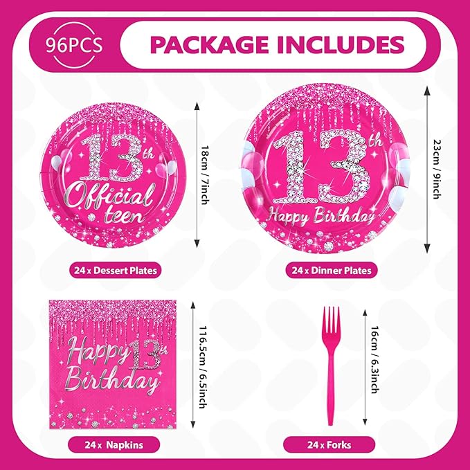 96 Pcs 13th Birthday Party Supplies Disposable Hot Pink 13 Plates and Napkins Tableware Set 13th Birthday Decorations for Girls Thirteen Official Teenager Happy 13 Years Old birthday Party Serves 24