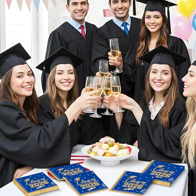 50 Pcs Graduation Napkins Class of 2026 - Blue Gold Congrats Grad Napkins Set, 3-Ply Disposable Graduation Luncheon Dinner Party Paper Napkins for Graduations Party Supplies Table Decoration