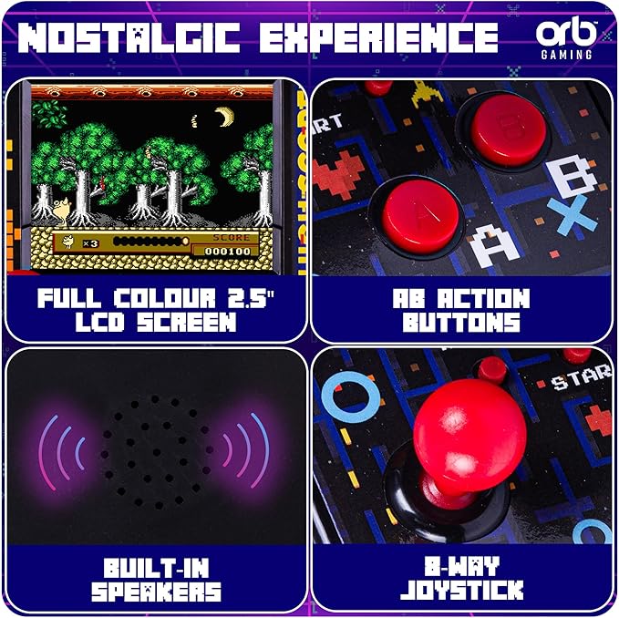 Orb - Mini Arcade Machine, 300 in-Built Games, 8-Bit Retro Arcade Games, 2.5” Full Colour Screen, 8-Way Joystick, 2 Buttons, Volume Control
