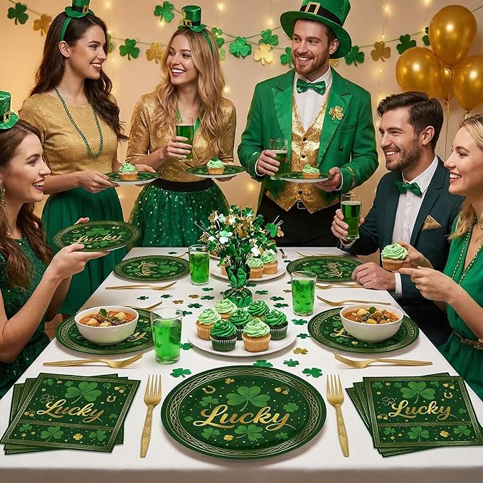 100 Pcs St. Patrick's Day Tableware Party Supplies, Serves 25, Disposable Green Clover and Lucky Design Paper Plates, Napkins, and Gold Forks, St. Paddy's Day Dinner, Irish or Spring Decorations