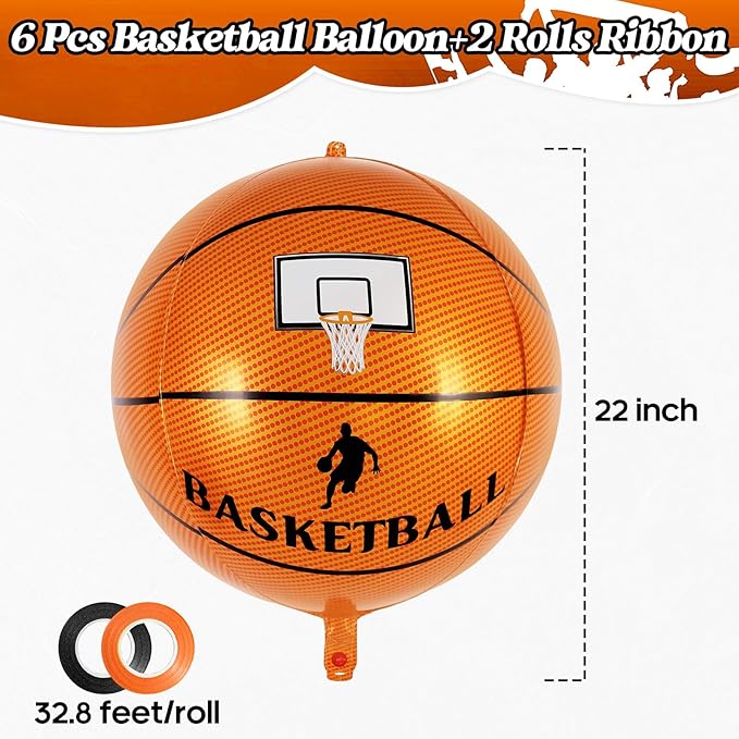 6 Pcs Basketball Balloons, 22 Inch Foil Mylar Basketball Balloon Large Round Sphere Balloons for Basketballs Sports Themed Birthday Party Decorations Supplies