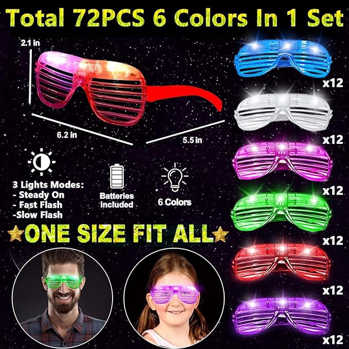 72 Pack LED Glasses Easter Basket Party Favors Light Up Glasses, Glow In The Dark Party Supplies Accessories for Kids Adult, Neon Glasses football Birthday Wedding Camp Care Pool carnival Party Favors