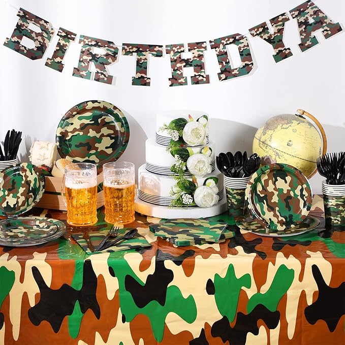 Rtteri 171 Pcs Camo Birthday Party Supplies Serves 24 Camouflage Themed Party Supplies Set with Camo Tablecloth Plates Napkins Cups Tableware Banner for Army Military Birthday Decorations