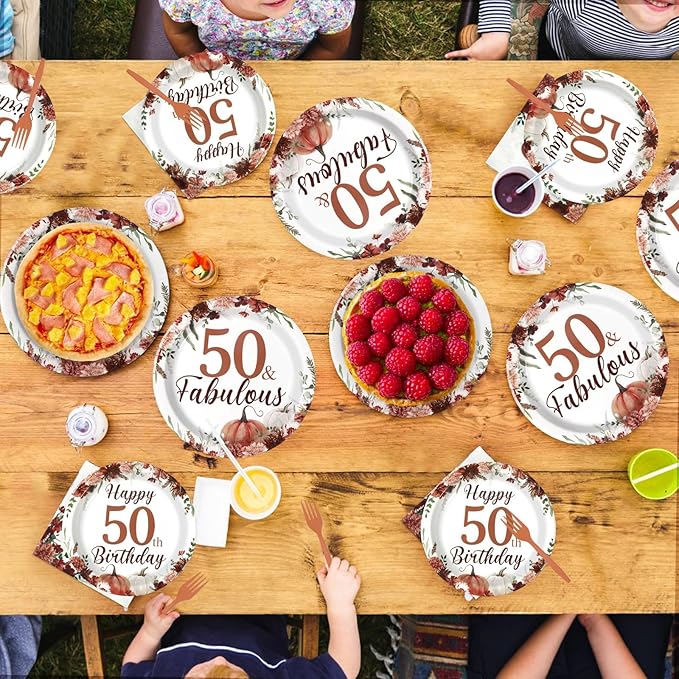Grencian 96Pcs Fall Burgundy Floral 50th Birthday Party Decorations 50th Fabulous Plates and Napkins Cheers to 50 Tableware for Women 50 Years Old Birthday Party Decorations Serves 24
