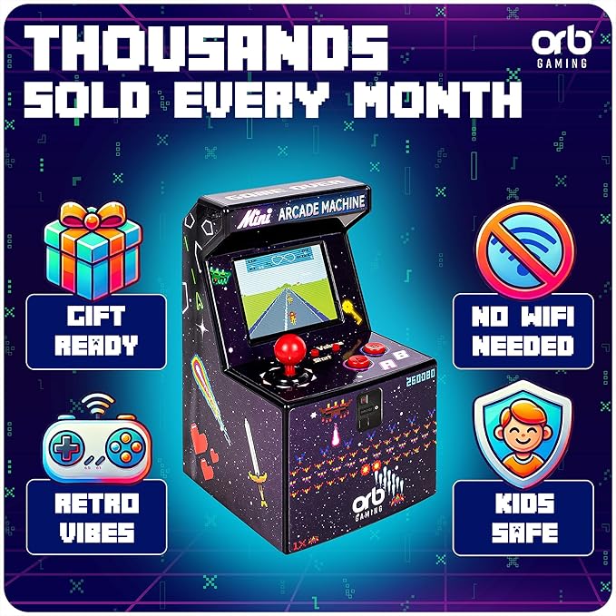 Mini Arcade Machine, 240 Built-in 8-Bit Games, 2.5” Full Colour Screen, 8-Way Joystick, Handheld Retro Games Console – Orb Gaming by ThumbsUp!