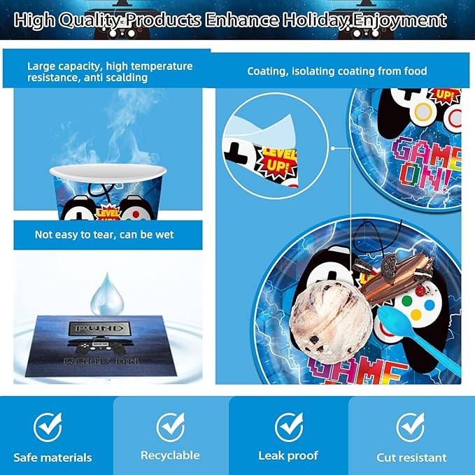 Video Game Party Decorations Game On Birthday Party Supplies Paper Plate, Napkins Cups, Happy Birthday Banner, Cake Toppers, Balloons, Tablecloths for Video Gaming Level Up Party
