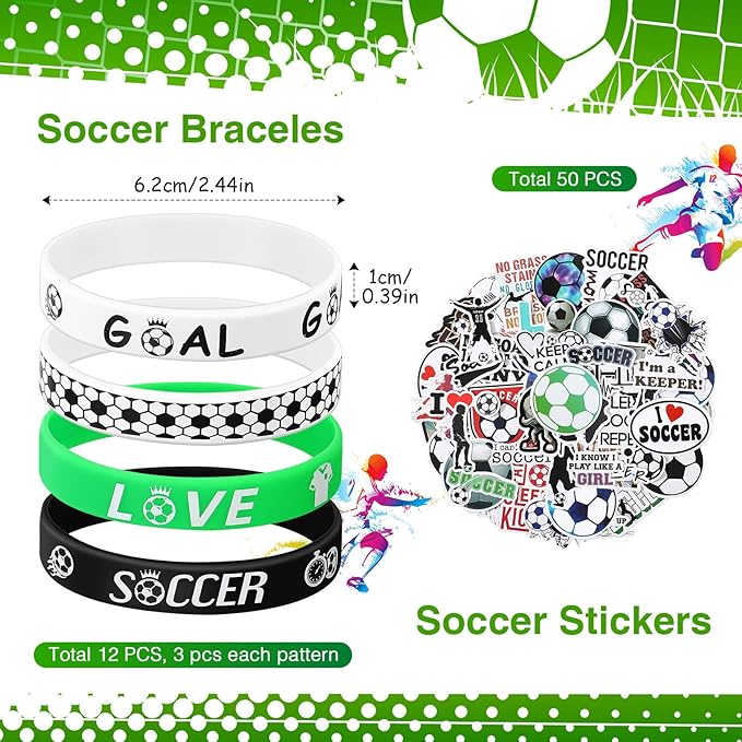 Aoriher 108 Pcs Soccer Party Favors Set Soccer Party Themed Goodie Bag Fillers Mini Soccer Balls Whistle Silicone Bracelet Tattoo Sticker Temporary Keychain for Sport Party Supplies