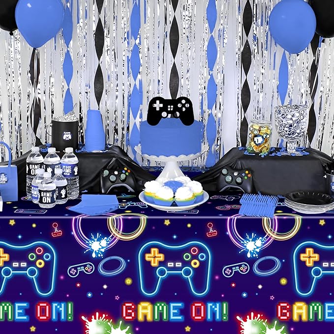 Video Game Party Tablecloths - 3Pcs Neon Video Game Birthday Party Table Covers Decorations, Game on Themed Rectangular Plastic Disposable Table Cloth Decor for Kids Birthday Gaming Events Supplies