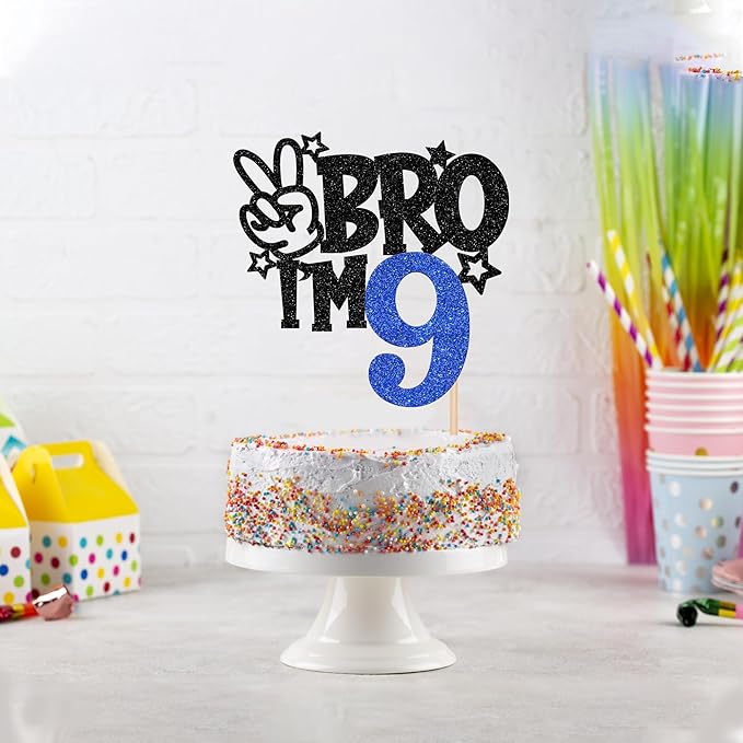 1 PCS Brother I'm 9 Cake Topper Glitter Star Happy 9th Birthday Cake Pick Bro I'm 9 Cake Decoration It's My 9th Birthday Decorations for Boys Cheers to 9 Years Old Birthday Party Supplies Blue