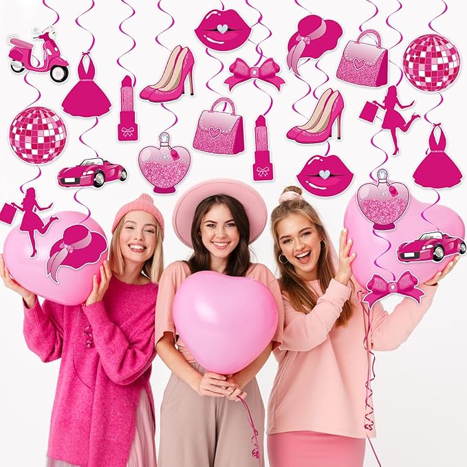 48Pcs Hot Pink Princess Hanging Swirl Decorations, Princess Party Ceiling Hanging Swirls Hot Pink Hanging Swirls Streamers for Party Decor Supplies