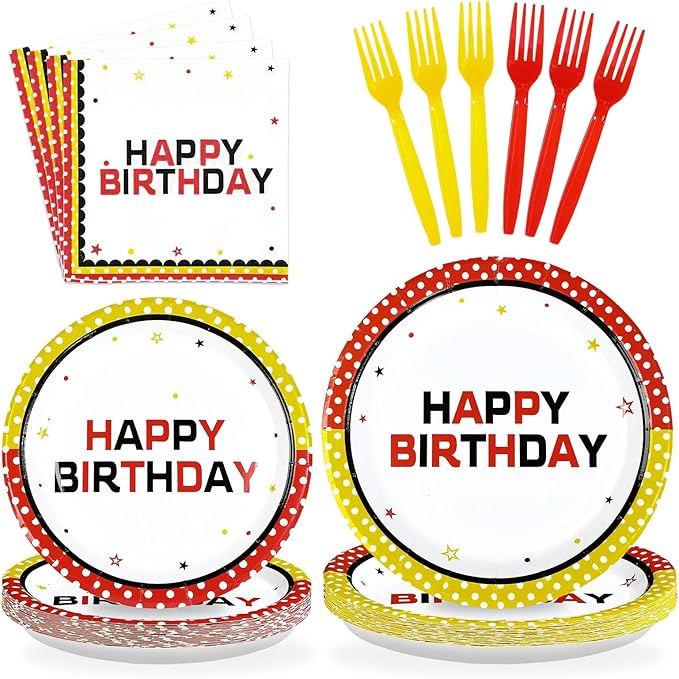 96Pcs Cartoon Mouse Birthday Decorations Mouse Theme Plates and Napkins Red Yellow White Polka Dot Decorations Favors for Kids Birthday Baby Shower Cartoon Theme Party Supplies Serves 24