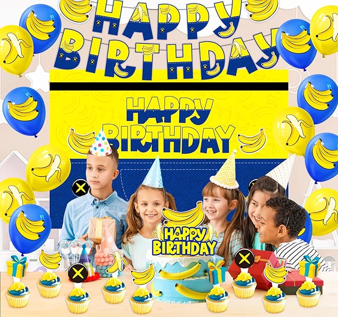 Yellow Cartoon Birthday Party Supplies, Yellow Jeans Cartoon Theme Party Decorations Including Birthday Banner, Backdrop, Balloons, Cupcake Toppers