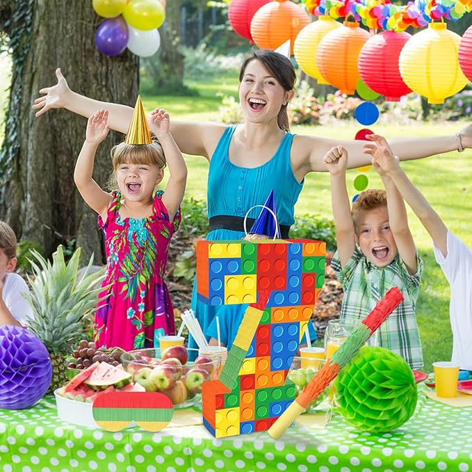 Number 7 Pinata with Blindfold and Bat Stick Building Block 7th Birthday Decorations for Kids Boys Girls Building Block Birthday Party Games Number Pinata for Fiesta