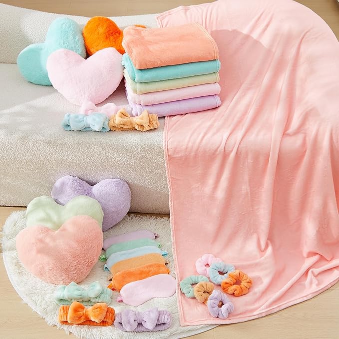36 Pcs Sleepover Party Supplies for Girl Spa Slumber Birthday Favors Throw Blanket Pillow Eye Mask Headband Scrunchies (Solid Color,Macron Color)