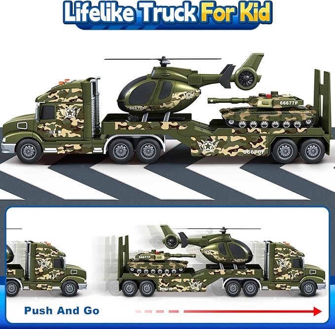 Toddler Boy Toys for 3 4 5 6 7 Years Kids, 27" Semi Army Truck Toy with Helicopters and Tank, Friction Powered Military Toys with Lights and Sounds, Birthday for Boy Girls