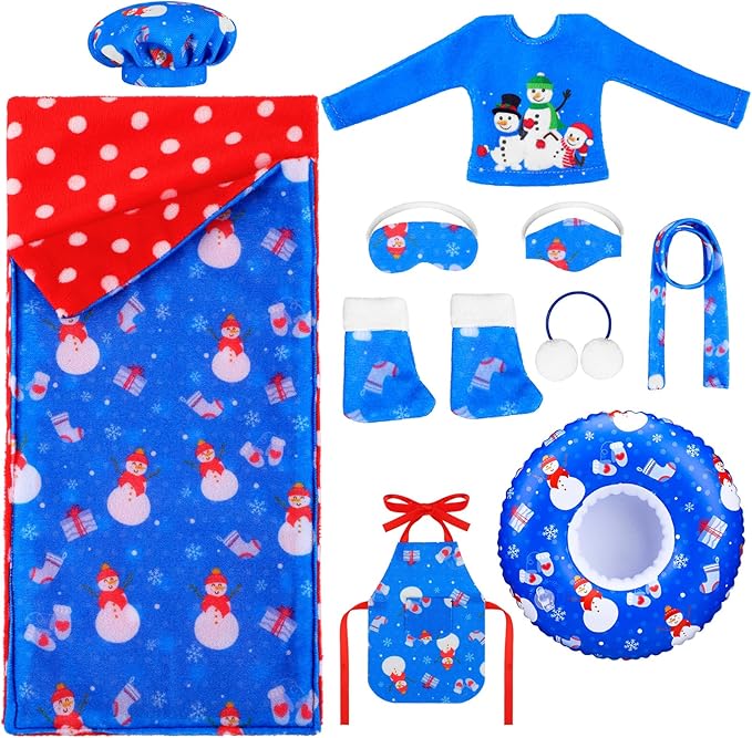Kacctyen 11 Pcs Christmas Accessories Include Doll Sleeping Bag Apron Chef Hat Ear Muffs Scarf Hoodie Eye Mask Socks Mask with Inflatable Snow Tube Snowmen Clothes(Snowman Style)