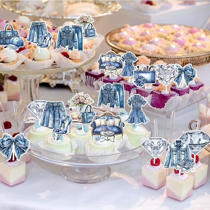 Denim and Diamonds Party Decorations - 24PCS Denim and Diamonds Cupcake Toppers Birthday Decoration Jacket Jeans Cupcake Picks Decor Baby Shower Supplies