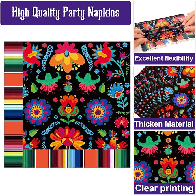 50 Guests Mexican Fiesta Plates and Napkins Party Supplies Mayo Datura Flower Party Decorations Disposable Tableware Set Day of The Dead Dinnerware Favor for Pinata Taco Theme Decor, 200PCS