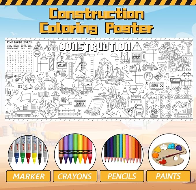 Construction Giant Coloring Poster for Kids Large Coloring Tablecloth Big Paper Sheets Page Dump Truck Table Cloth DIY Activity Game Art Crafts Mat Wall Home Classroom Party Decoration Supplies