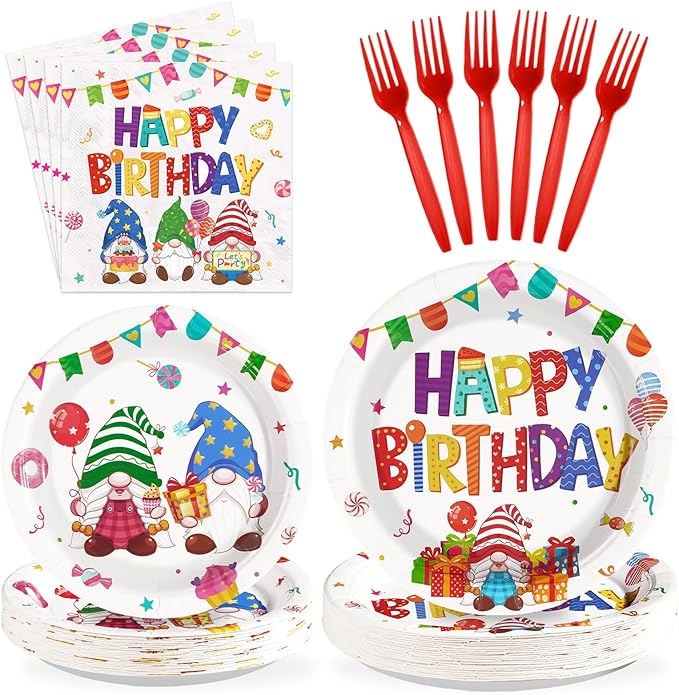 96Pcs Gnome Birthday Party Supplies Colorful Rainbow Gnomes Plates and Napkins Gnome Themed Tableware Set for Boys Girls Birthday Spring Summer Party Supplies，Serves 24