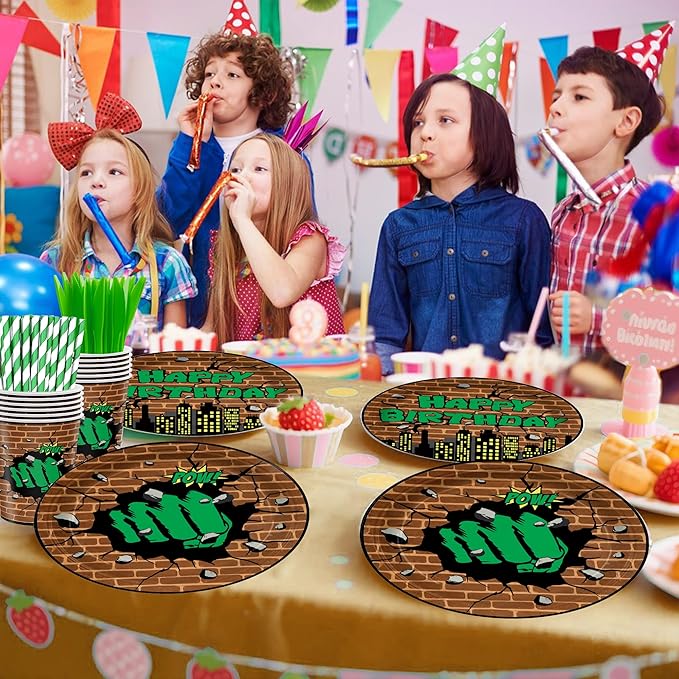 168PCS Green Hero Party Supplies SuperThemed Hero Birthday Party Decorations with Cartoon city Paper Plates and Napkins Forks Knives and Straws for 24 Guests