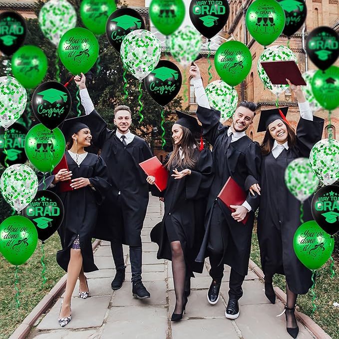 Whaline 60Pcs Graduation Party Balloon Set 7 Designs Confetti Latex Balloon with 2 Rolls Ribbon Grad Cap Congrats Grad Balloon for Graduation Party Decoration Supplies (Green, Black)